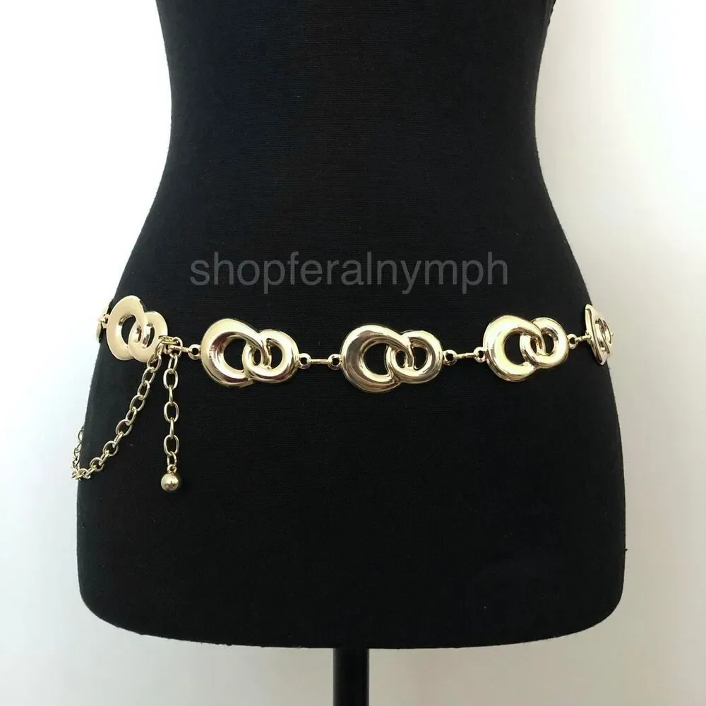 Y2K Geometric Gold Interlocking Loop Chain Belt, Fits 24.5–45 Inches, X7GA1163